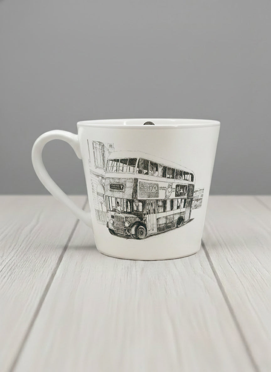 Conical Mug | Lines of the Past  left view mug showing a pen drawing bus in Hong Kong by Samuel Kwok - Gallery By Inhesion