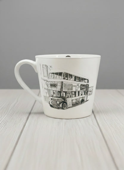 Conical Mug | Lines of the Past  left view mug showing a pen drawing bus in Hong Kong by Samuel Kwok - Gallery By Inhesion