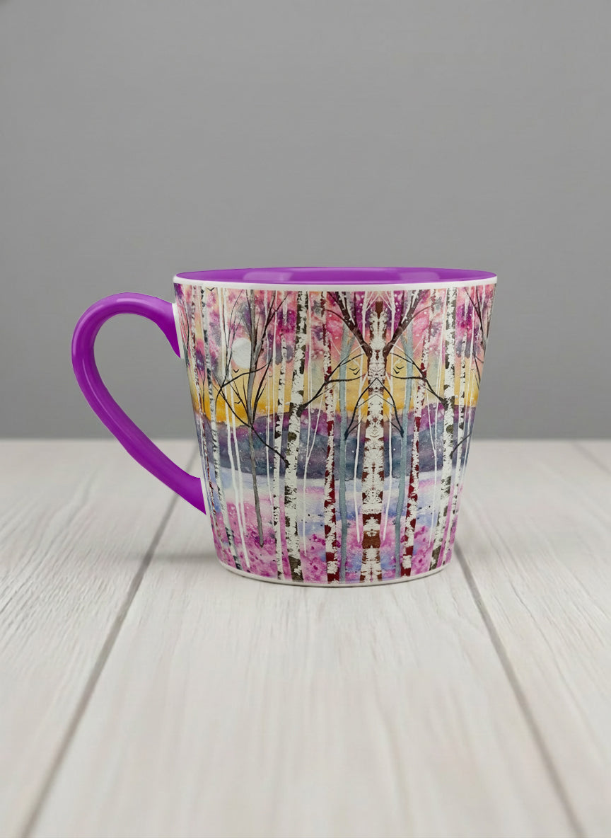 Conical Mug | Living in Colour left view mug shows colorful watercolor birch trees in a dreamy forest landscape by Renee Pupetz - Gallery By Inhesion