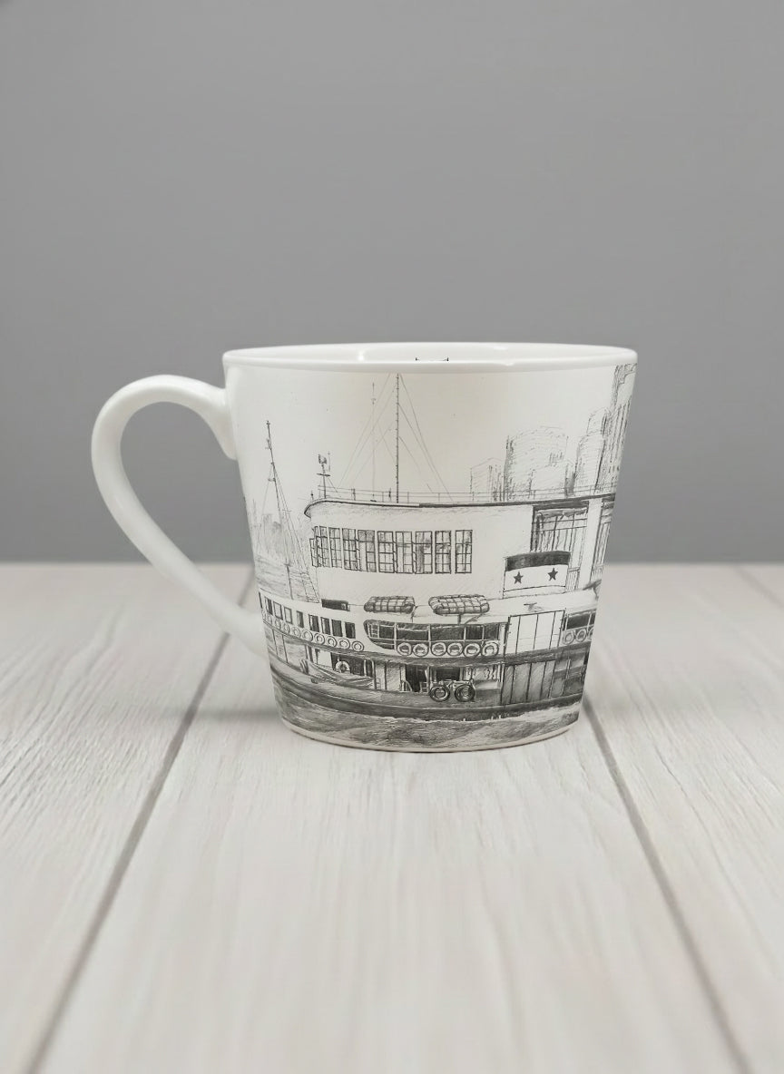 Conical Mug | The Star of the Harbor left view mug showing a sketch of Star Ferry Pier in Hong Kong by Samuel Kwok - Gallery By Inhesion