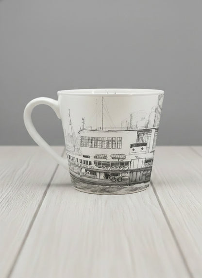 Conical Mug | The Star of the Harbor left view mug showing a sketch of Star Ferry Pier in Hong Kong by Samuel Kwok - Gallery By Inhesion