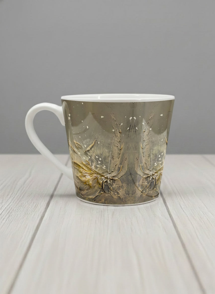 Conical Mug | Awakening left view mug showing textured floral design in muted grey-gold tones by Mersedes Mein - Gallery By Inhesion