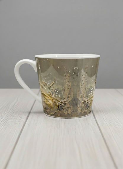 Conical Mug | Awakening left view mug showing textured floral design in muted grey-gold tones by Mersedes Mein - Gallery By Inhesion