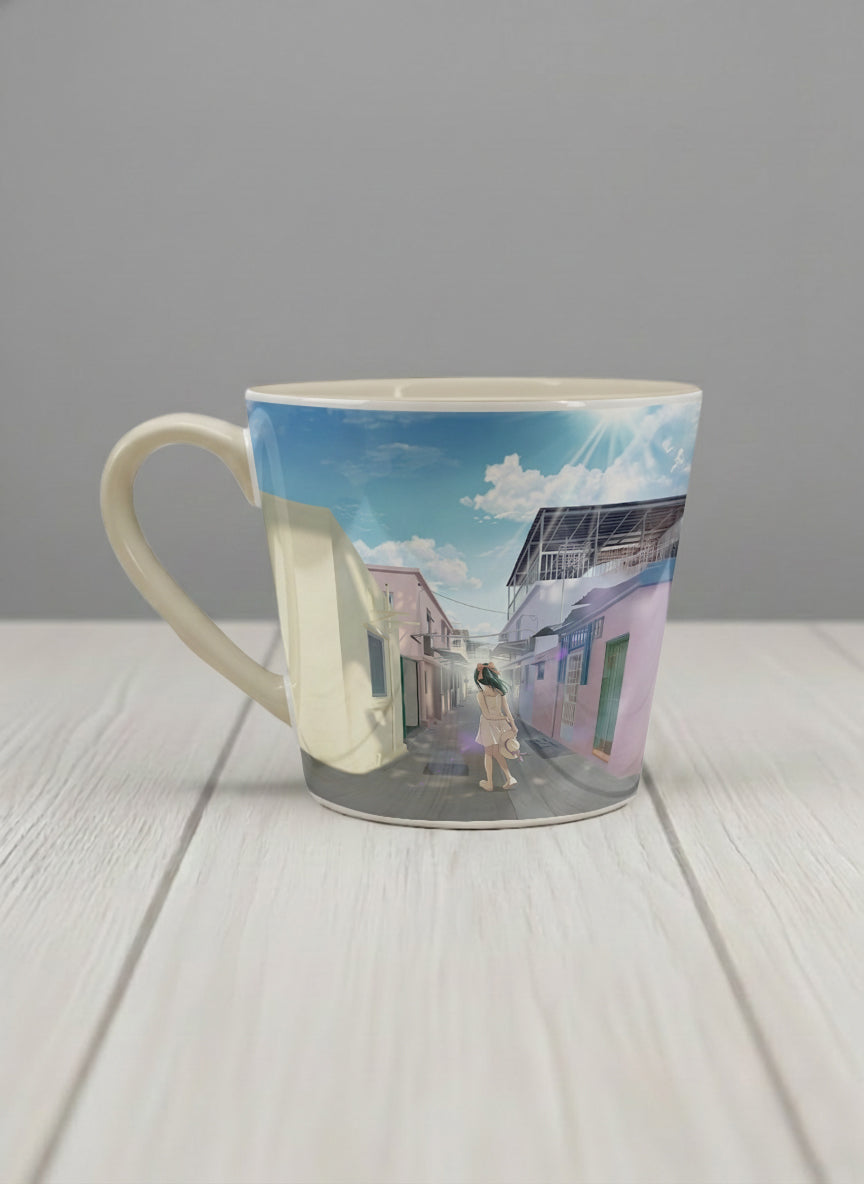 Conical Mug | The Secret Passage left view mug showing a colorful street scene with a girl walking in a vibrant alley by Samuel Kwok - Gallery By Inhesion