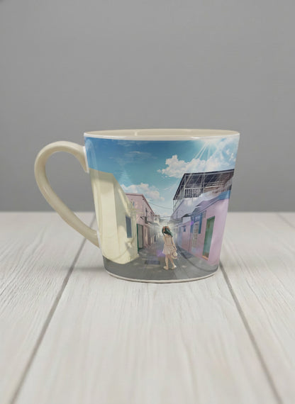 Conical Mug | The Secret Passage left view mug showing a colorful street scene with a girl walking in a vibrant alley by Samuel Kwok - Gallery By Inhesion