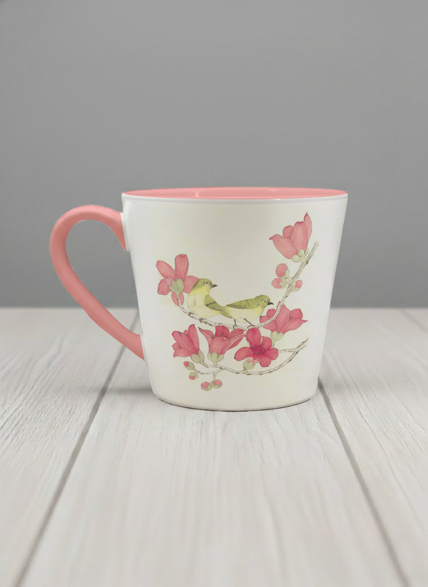 Conical Mug | Forever Love left view mug with watercolor birds on branch with pink flowers by Alice Wong - Gallery By Inhesion
