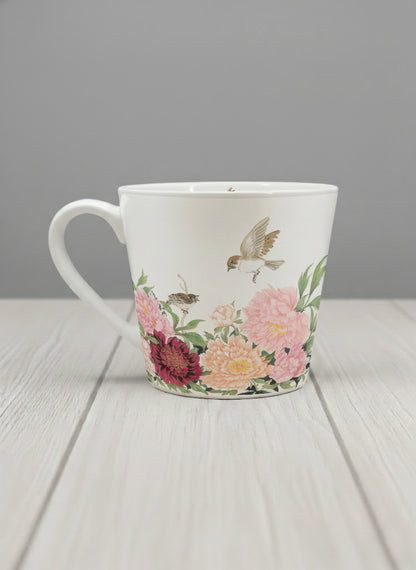 Conical Mug | A Tapestry of Flowers left view mug with watercolor bird flying amid pink/red flowers by Alice Wong - Gallery By Inhesion