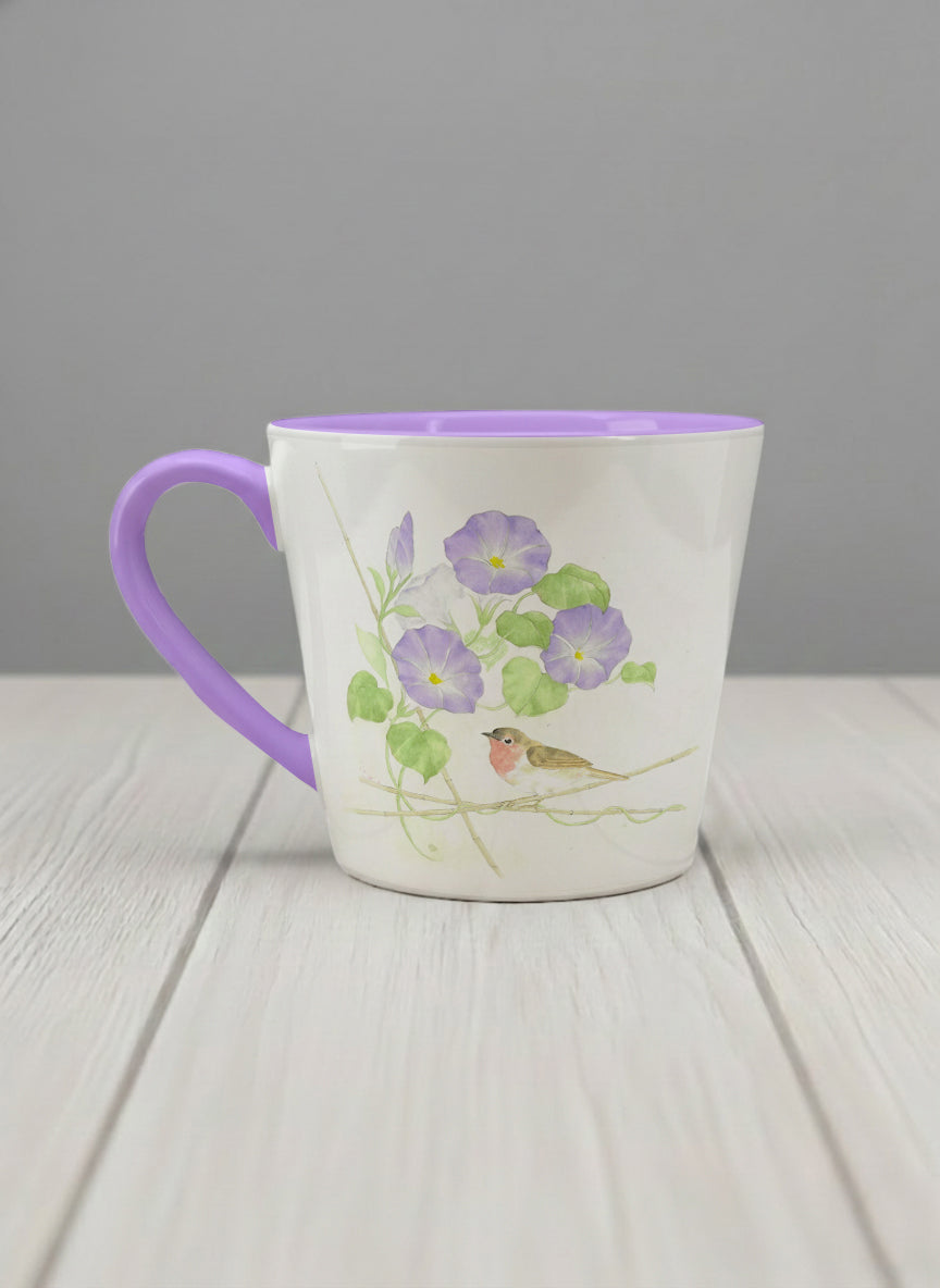 Conical Mug | Morning Glory left view mug with watercolor bird and purple flowers artwork by Alice Wong - Gallery By Inhesion