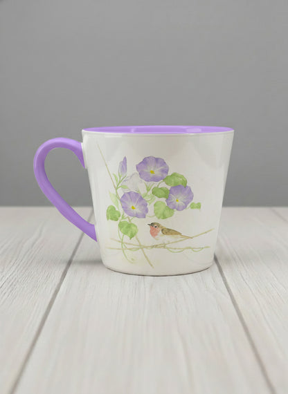 Conical Mug | Morning Glory left view mug with watercolor bird and purple flowers artwork by Alice Wong - Gallery By Inhesion